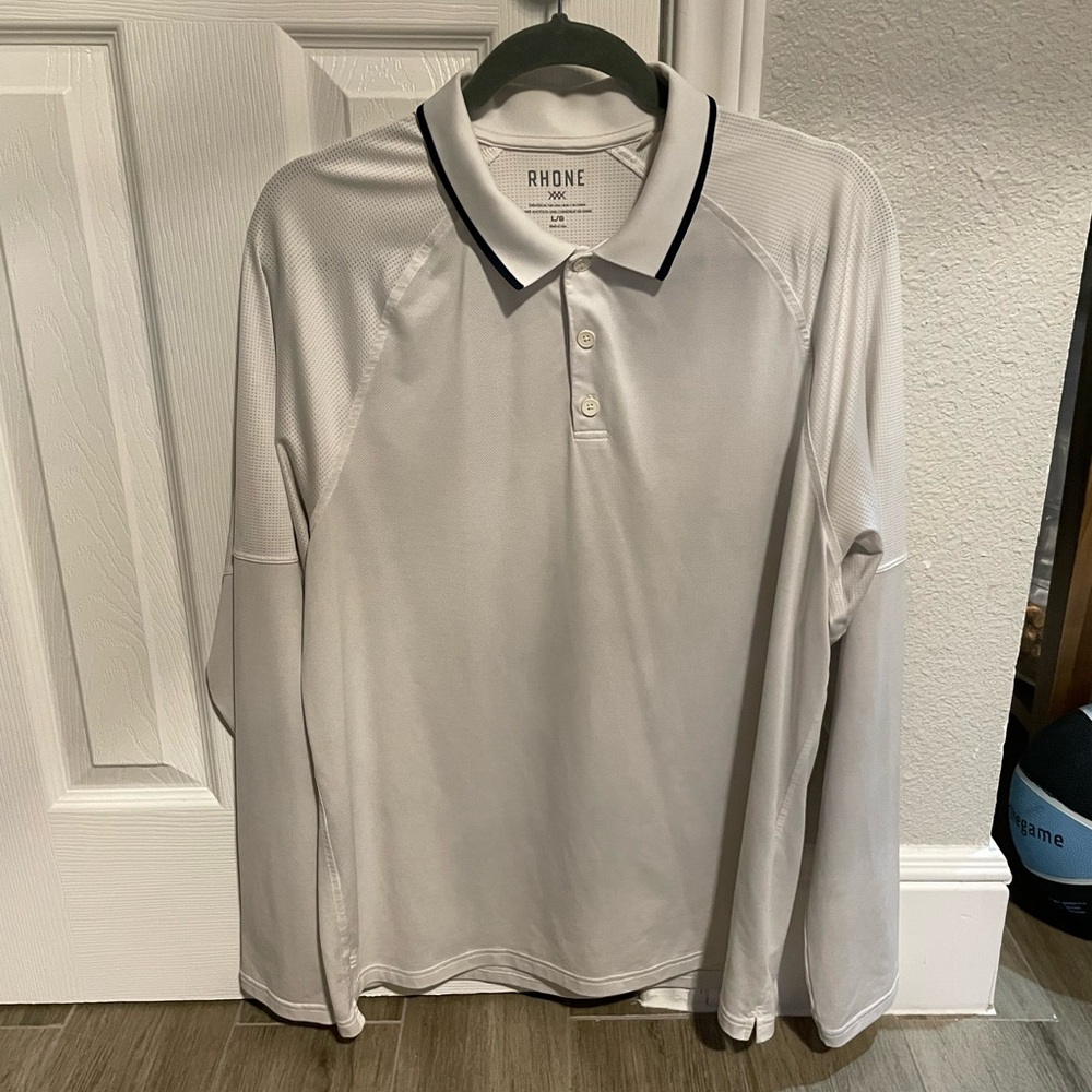 Rhone Long Sleeve Polo Shirt Mens Large White Temp Zone Anti Odor Golf Polo